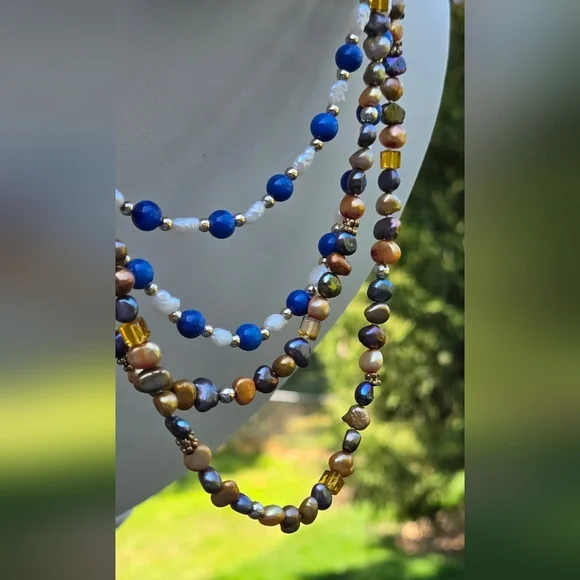 Blue Gemstone White Rice Pearl Gold Purple Peaco Pearl Beaded Necklace Bundle - Picture 7 of 16